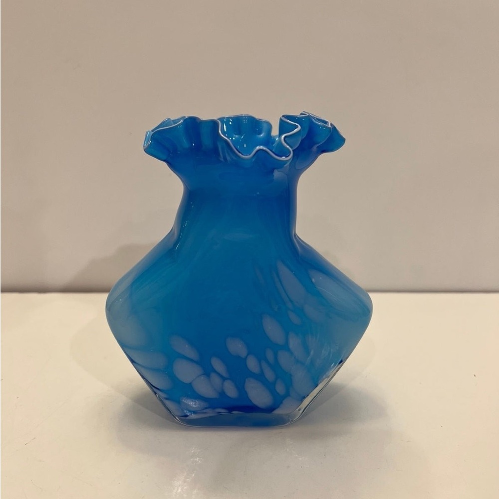 Vintage Blue Cased Glass Vase Ruffled Edge White Dots